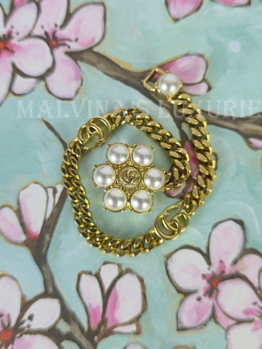 GUCCI BRACELET INTERLOCKING GG LOGO FAUX PEARL GOLD TONE CHAIN sz S SMALL - Picture 7 of 17